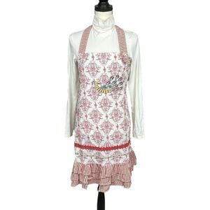 Sur La Table Embroidered Peacock Tier Ruffle‎ Hem Apron Retro Damask Shabby Chic